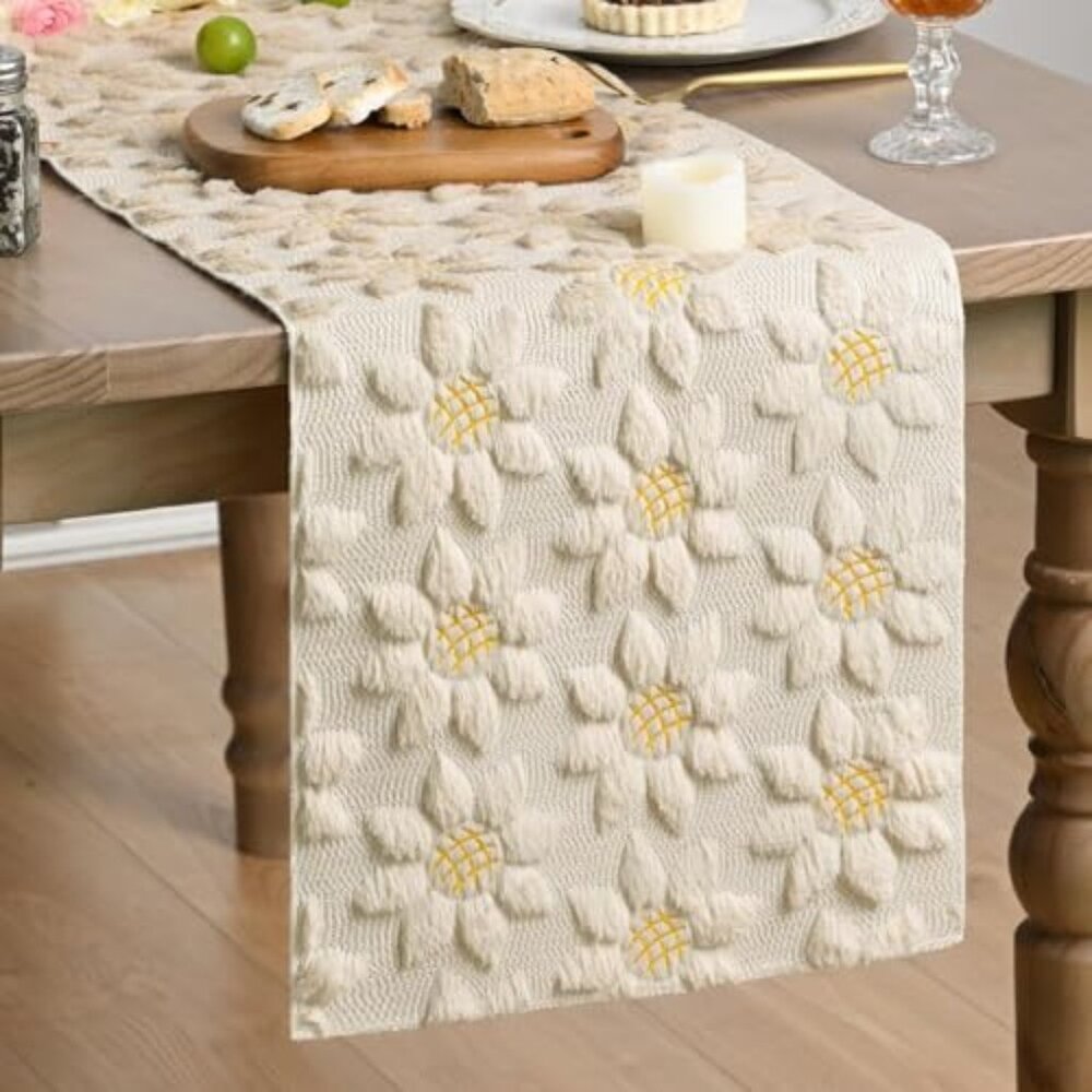 Beige Soft Plush Faux Fur Jacquard Embroidery Sunflower Spring Table‎ Runner
